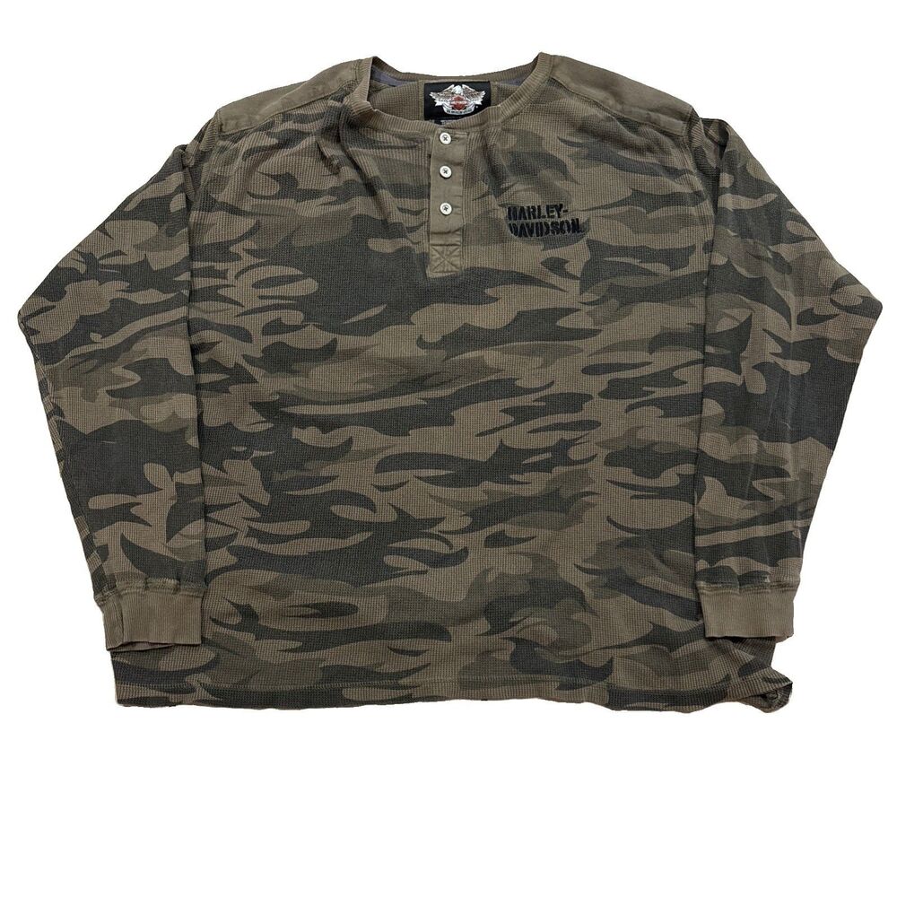 Harley Davidson Men's 2XL Camo Thermal Henley Shirt H-D 03 Stencil Print 2XL